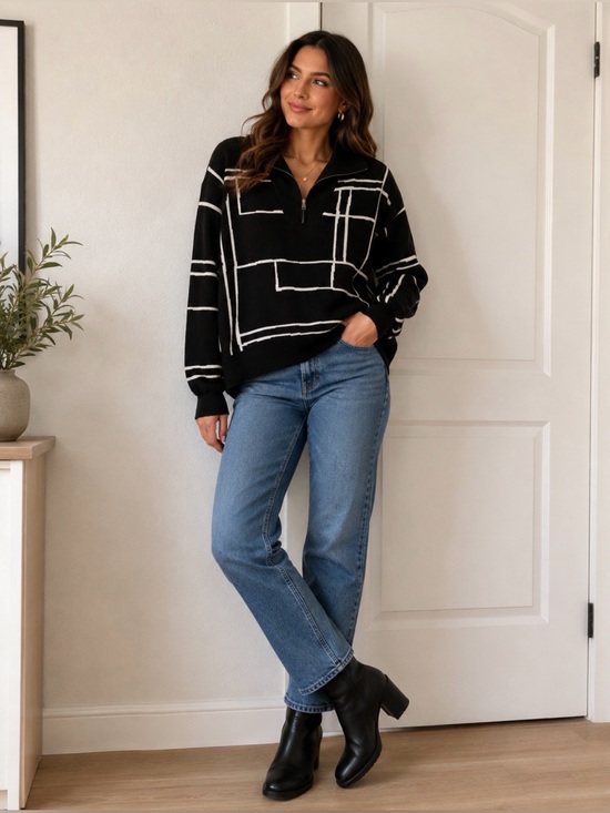 Nine West Sweaters - Nine West black and white patterned half-zip pullover sweater